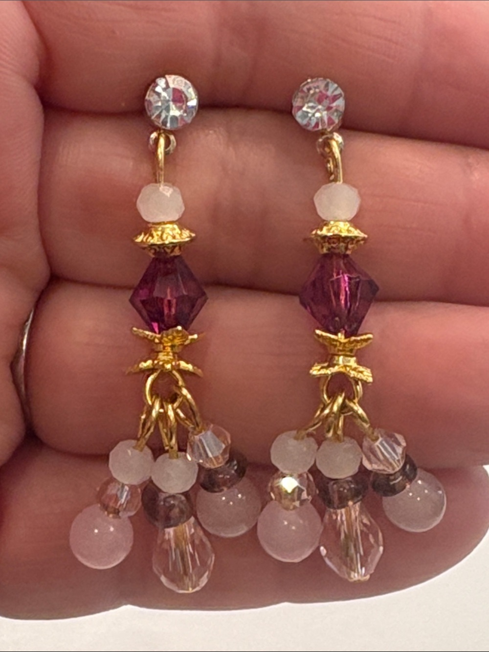 Rose Quartz Pink and Amethyst Purple Beaded Drop Earrings-NWT